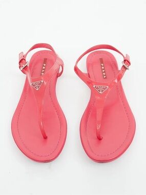 Prada Triangle Logo T Strap Patent Leather Pink Thong Flat Sandals